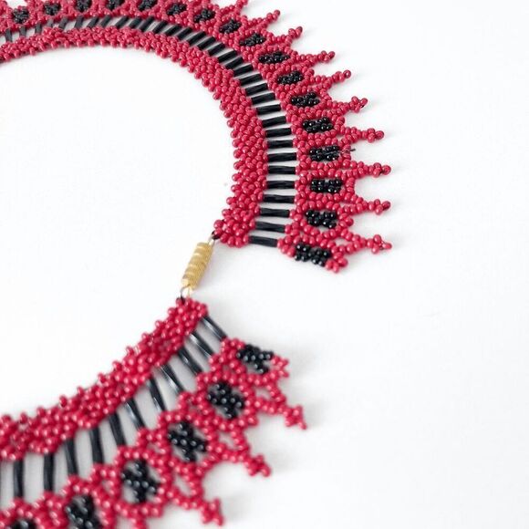 Handmade Womens Ukrainian Geometric Beaded Statement Collar Necklace Red Black - Picture 3 of 5